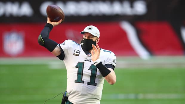 Dec 20, 2020; Glendale, Arizona, USA; Philadelphia Eagles quarterback Carson Wentz (11) against the Arizona Cardinals at State Farm Stadium. Mandatory Credit: Mark J. Rebilas-USA TODAY Sports